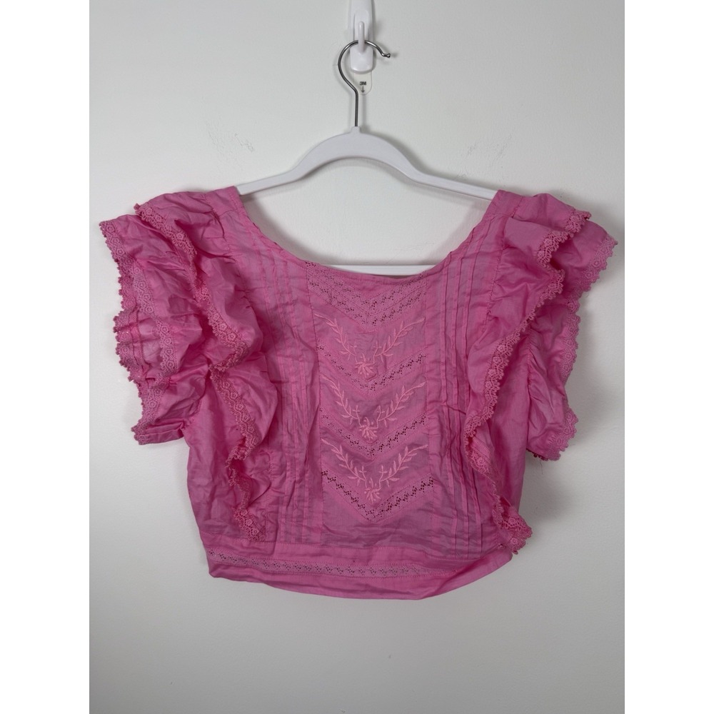 Altar'd State Cropped Pink Top Shirt Flutter Ruffle Sleeves Embroidered Size L